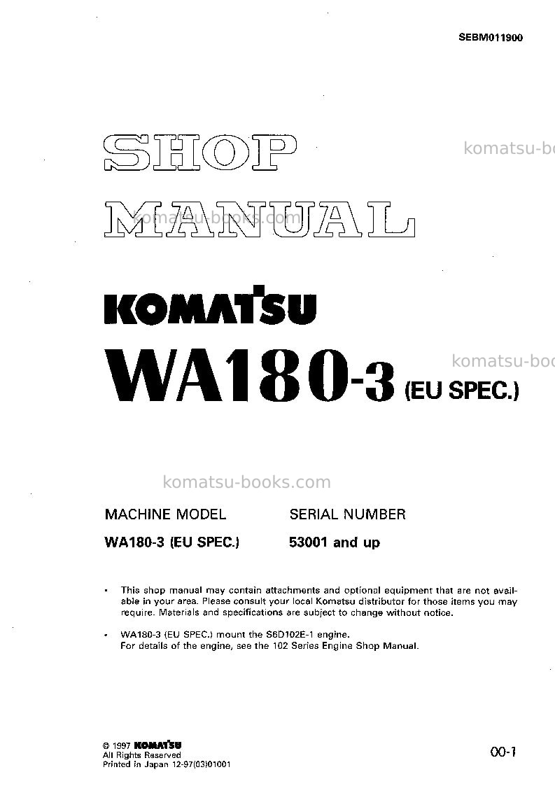 Komatsu wa180-3deu Repair & maintenance cover Komatsu wa180-3deu Repair & maintenance cover