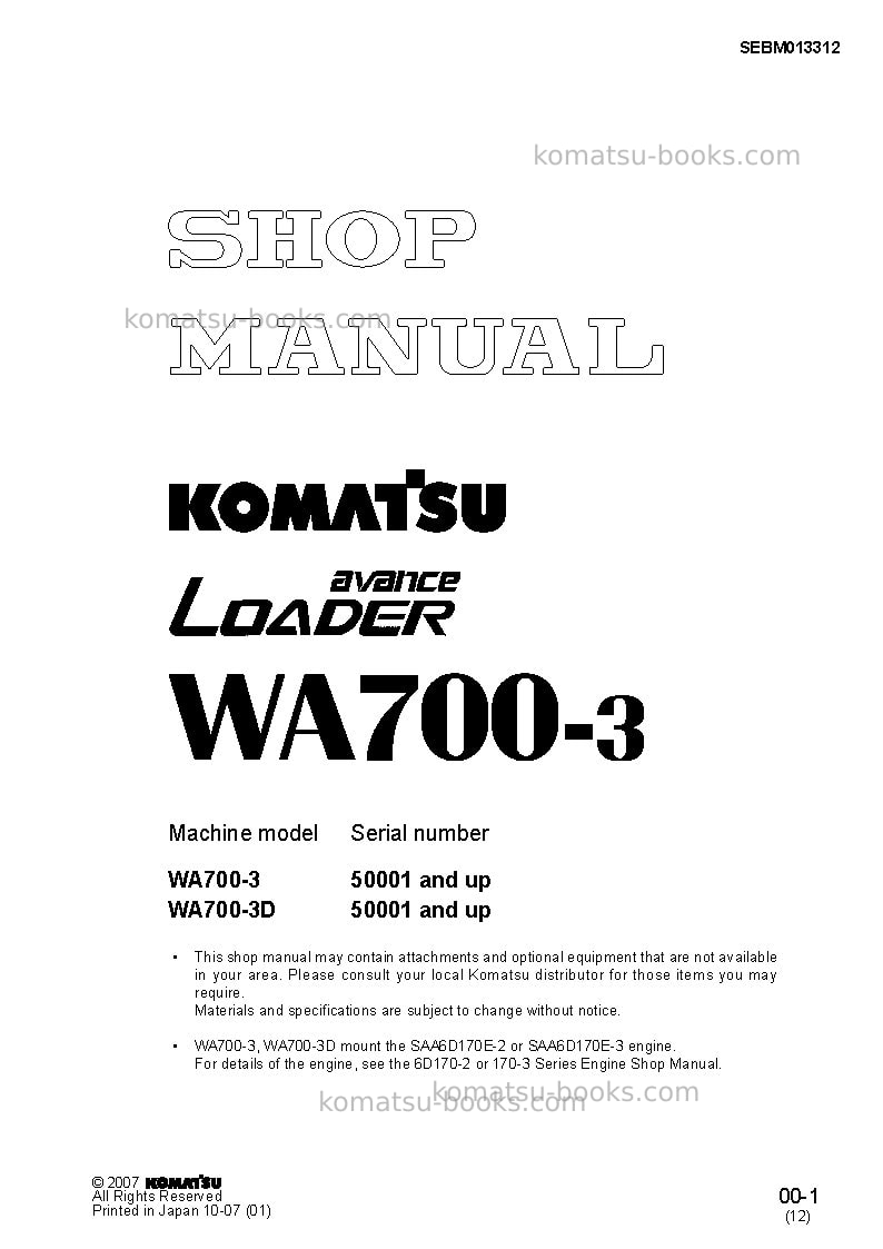 Komatsu wa700-3jpn-tbg Repair & maintenance cover