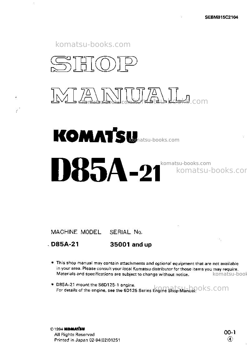 Komatsu d85a-21jpn-b Repair & maintenance cover Komatsu d85a-21jpn-b Repair & maintenance cover