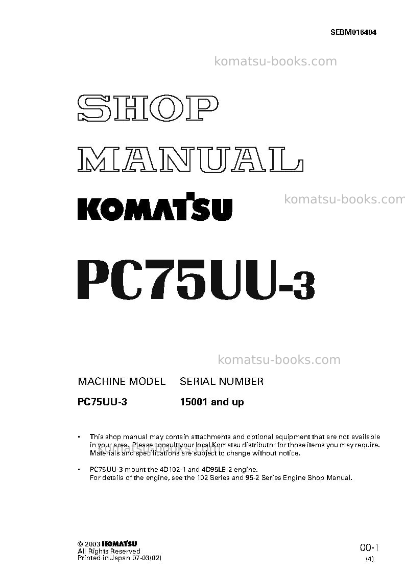 Komatsu pc75uu-3jpn Repair & maintenance cover Komatsu pc75uu-3jpn Repair & maintenance cover