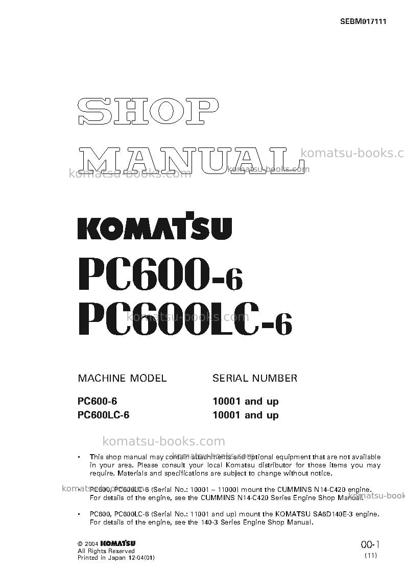 Komatsu pc600lc-6jpn Repair & maintenance cover Komatsu pc600lc-6jpn Repair & maintenance cover