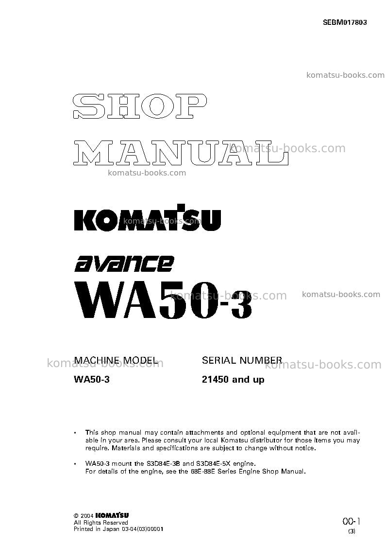 Komatsu wa50-3jpn-for n. america Repair & maintenance cover