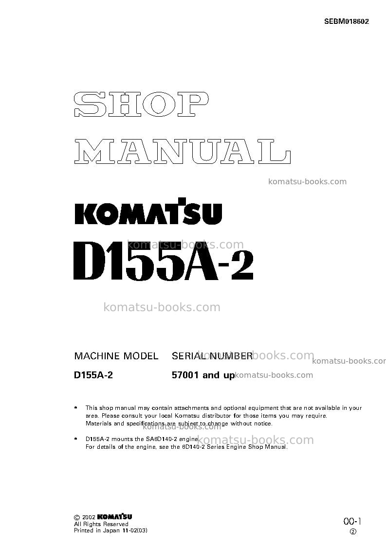 Komatsu d155a-2jpn-emission eng Repair & maintenance cover Komatsu d155a-2jpn-emission eng Repair & maintenance cover