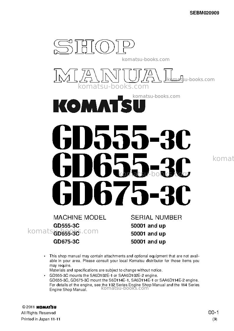 Komatsu gd555-3jpn-for n. america Repair & maintenance cover