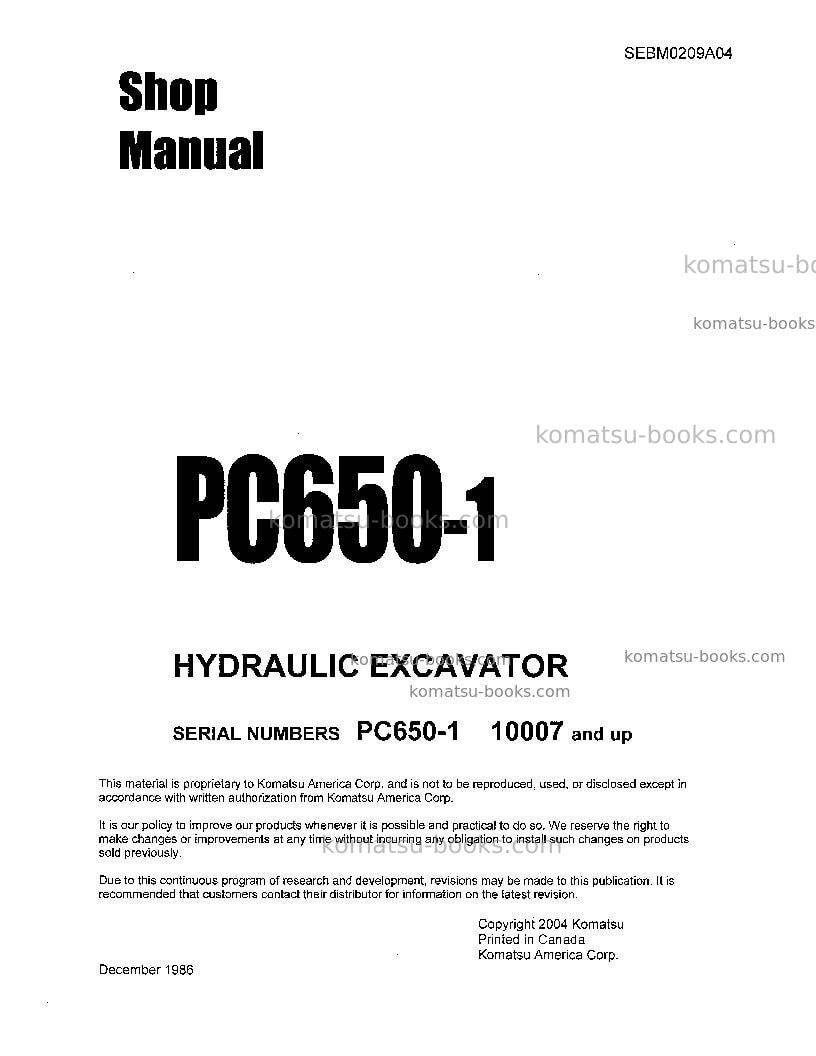 Komatsu pc650-1jpn Repair & maintenance cover