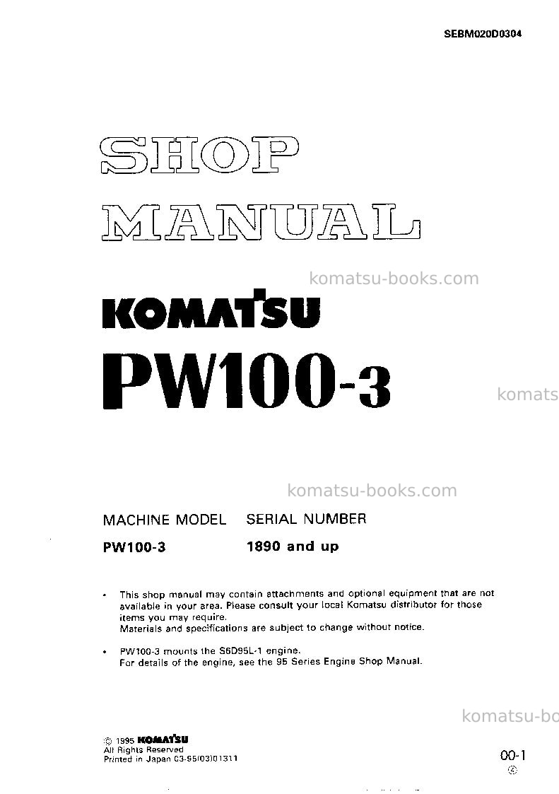 Komatsu pw100-3jpn Repair & maintenance cover
