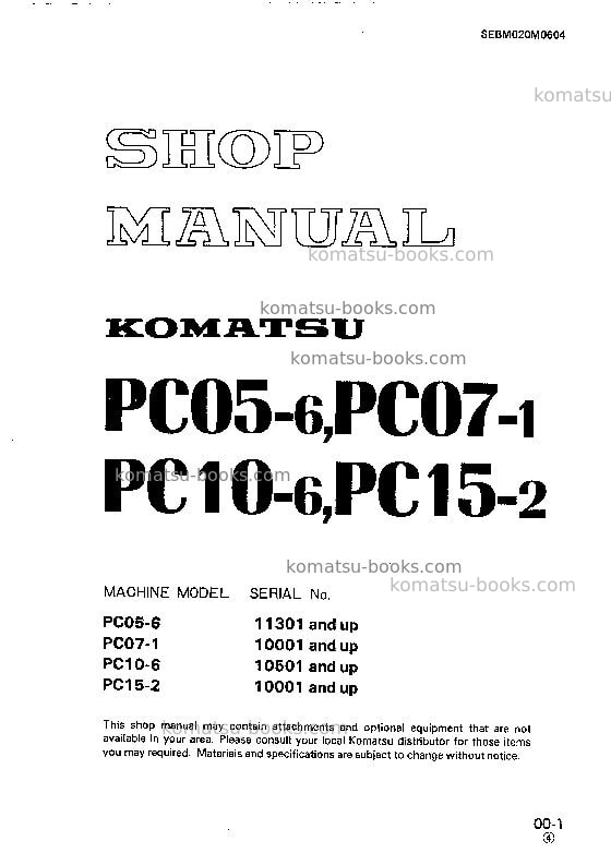 Komatsu pc07-1jpn Repair & maintenance cover
