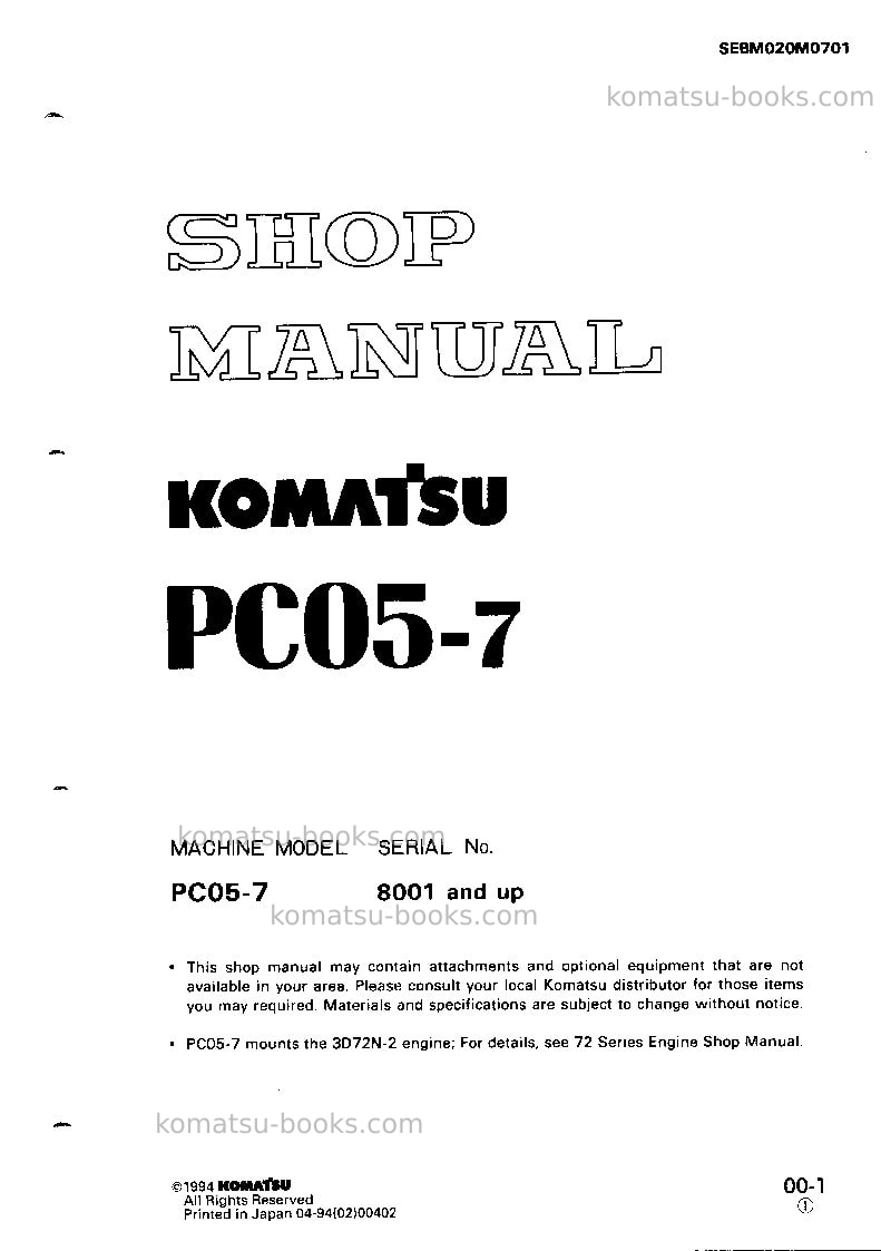 Komatsu pc05-7jpn Repair & maintenance cover Komatsu pc05-7jpn Repair & maintenance cover