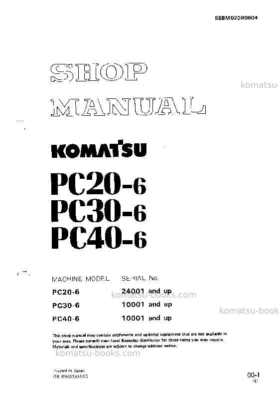 Komatsu pc20-6jpn Repair & maintenance cover Komatsu pc20-6jpn Repair & maintenance cover