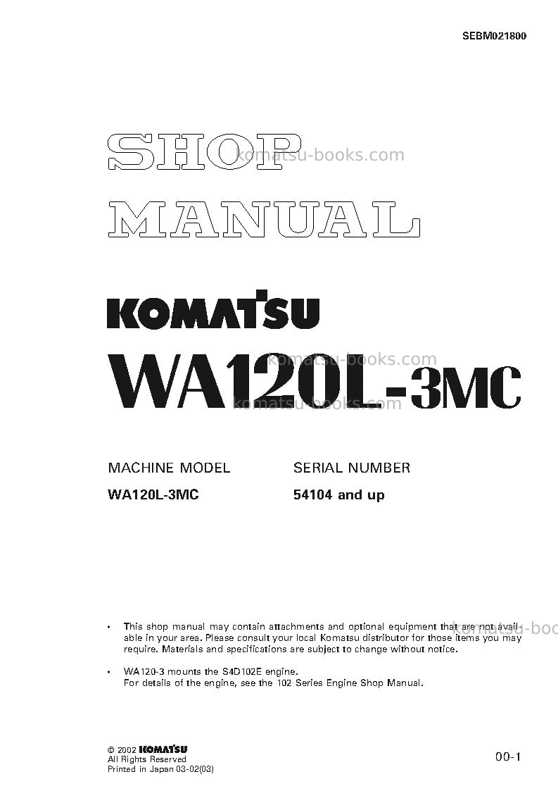 Komatsu wa120l-3jpn-mc Repair & maintenance cover