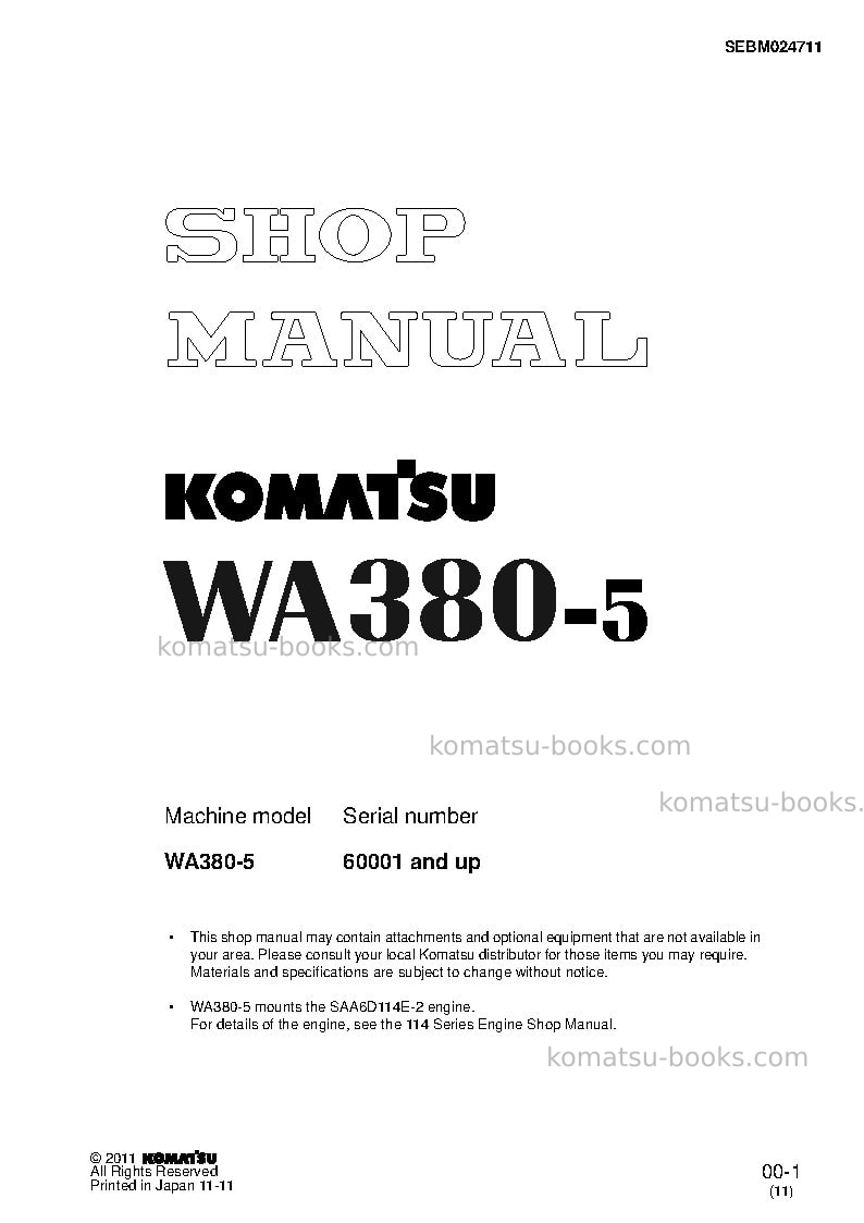 Komatsu wa380-5jpn Repair & maintenance cover