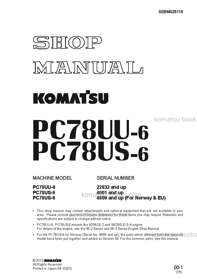 Komatsu pc78uu-6jpn Repair & maintenance cover Komatsu pc78uu-6jpn Repair & maintenance cover