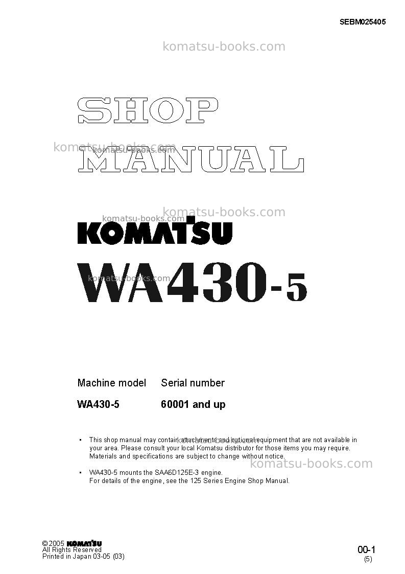 Komatsu wa430-5jpn Repair & maintenance cover