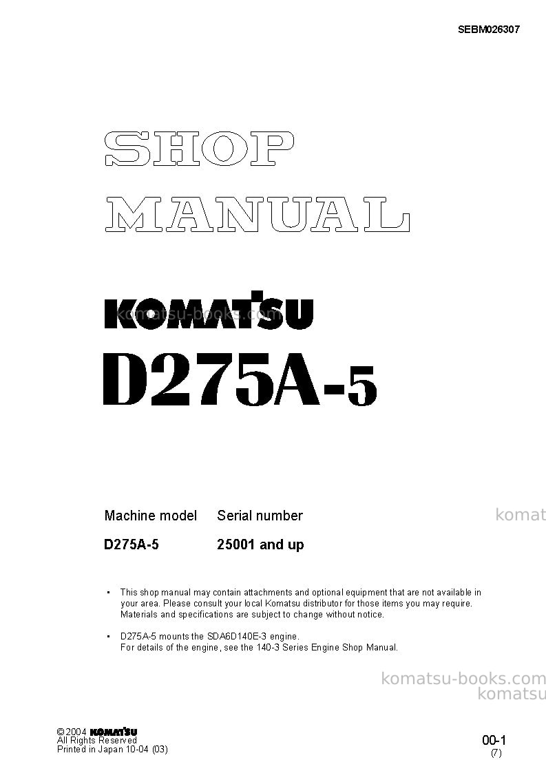 Komatsu d275a-5jpn Repair & maintenance cover Komatsu d275a-5jpn Repair & maintenance cover