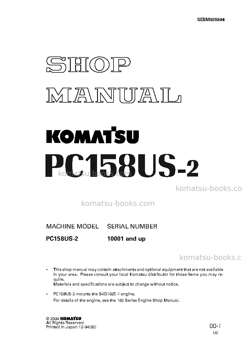 Komatsu pc158us-2jpn Repair & maintenance cover Komatsu pc158us-2jpn Repair & maintenance cover
