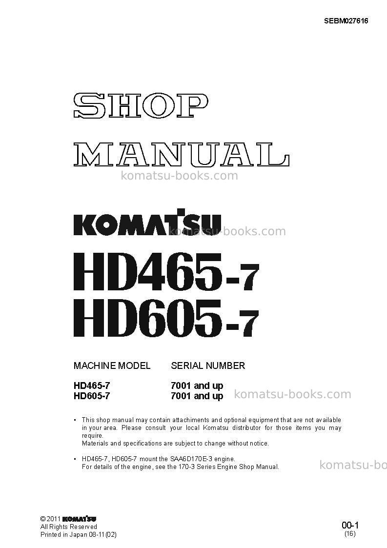 Komatsu hd605-7jpn Repair & maintenance cover