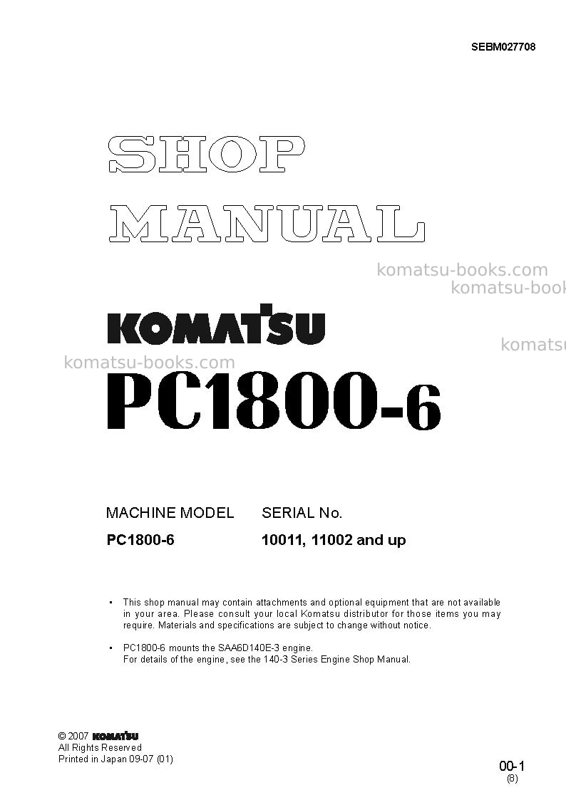 Komatsu pc1800-6jpn Repair & maintenance cover Komatsu pc1800-6jpn Repair & maintenance cover