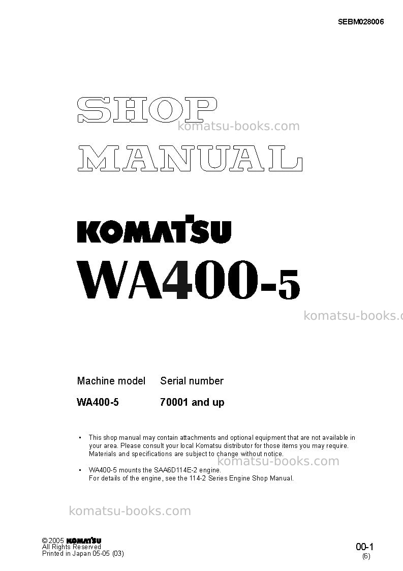 Komatsu wa400-5jpn Repair & maintenance cover