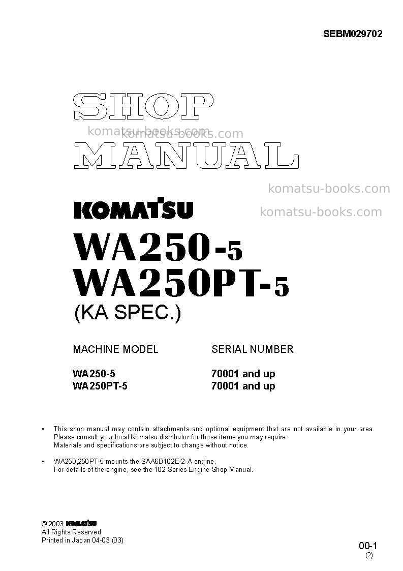 Komatsu wa250-5jpn-for usa Repair & maintenance cover
