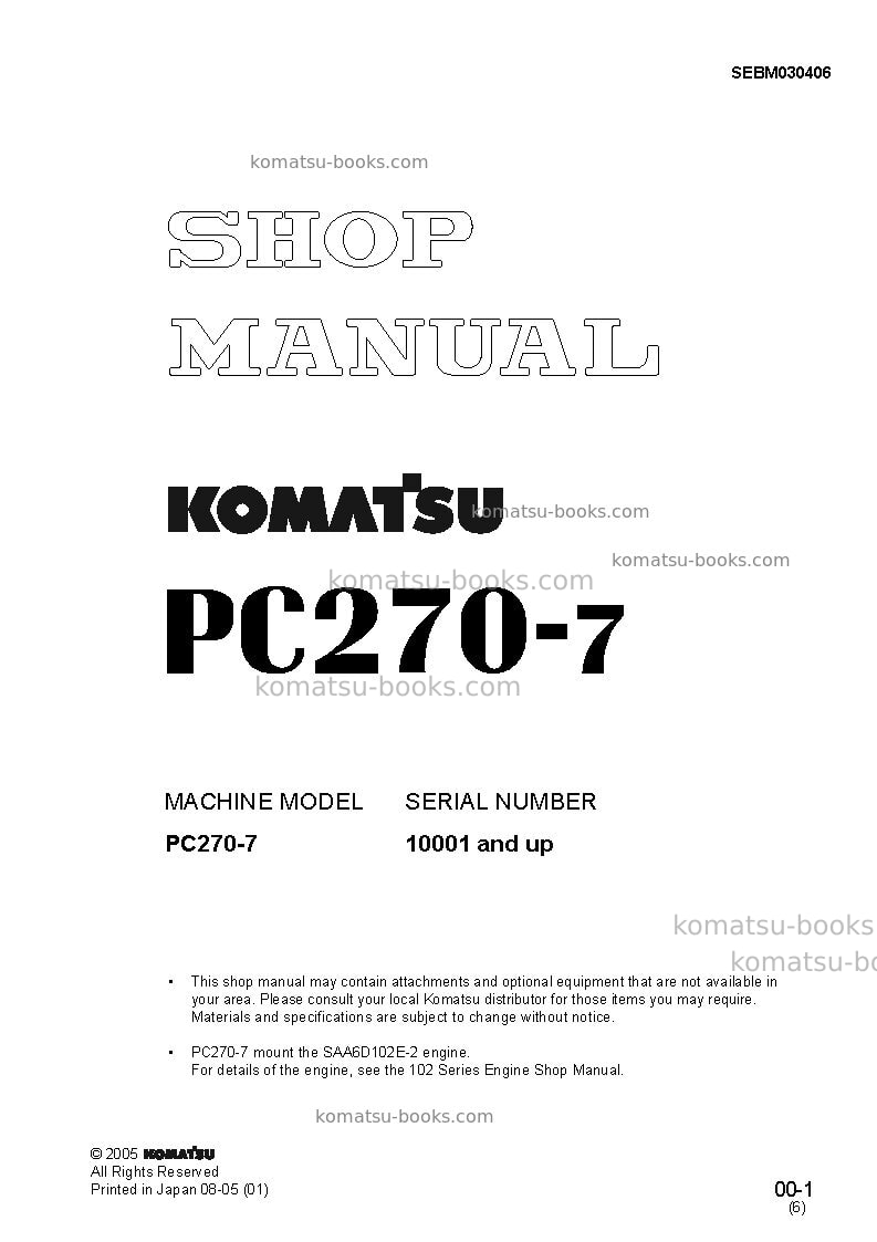 Komatsu pc270-7jpn Repair & maintenance cover