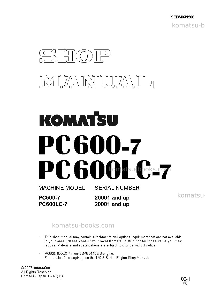 Komatsu pc600-7jpn Repair & maintenance cover