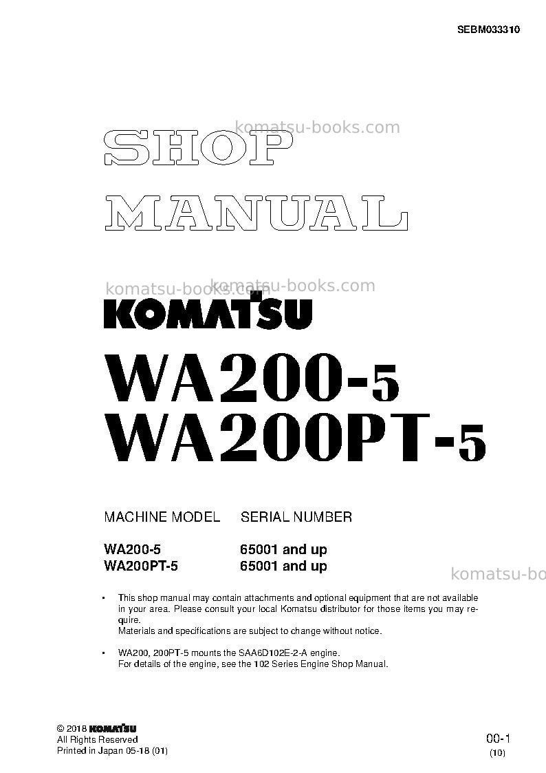 Komatsu wa200l-5jpn Repair & maintenance cover