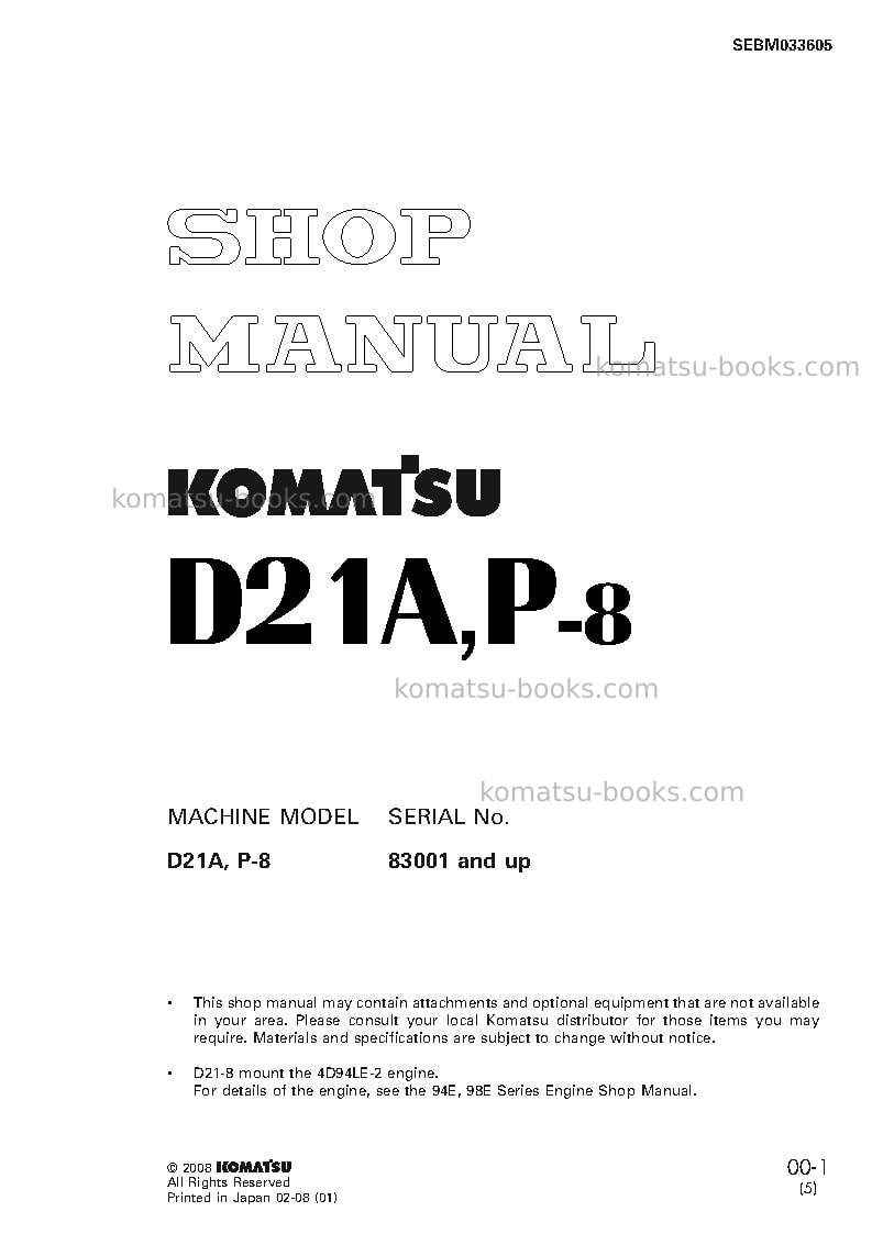 Komatsu d21a-8jpn-trimming dozer, for china Repair & maintenance cover