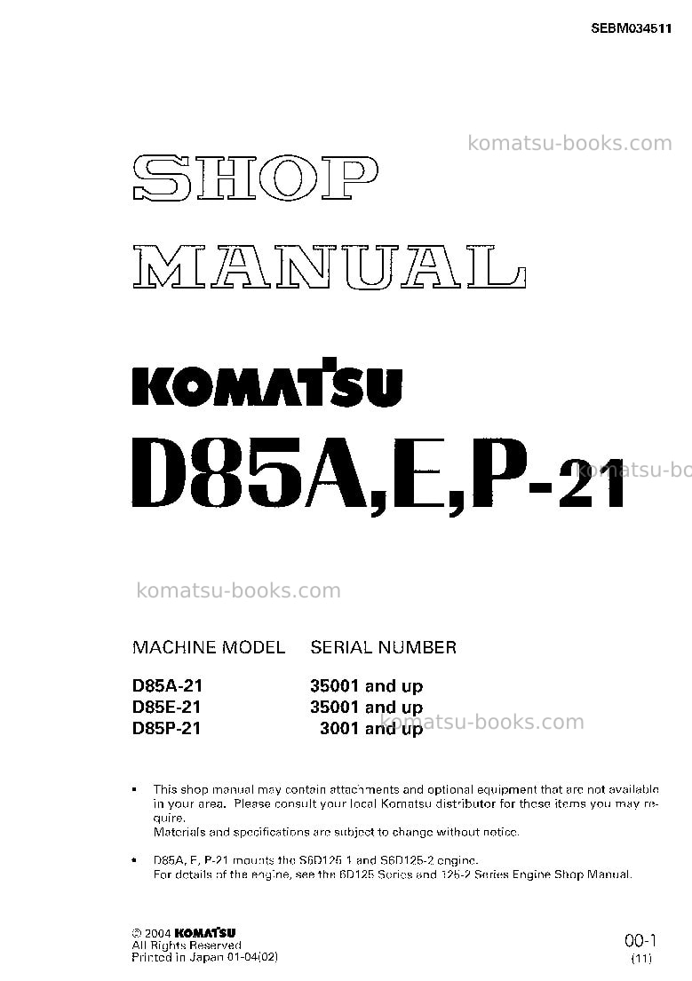 Komatsu d85p-21jpn Repair & maintenance cover Komatsu d85p-21jpn Repair & maintenance cover