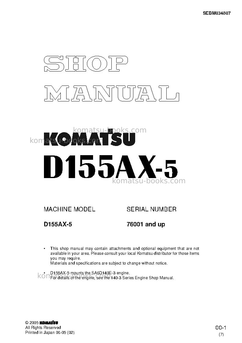 Komatsu d155ax-5jpn Repair & maintenance cover