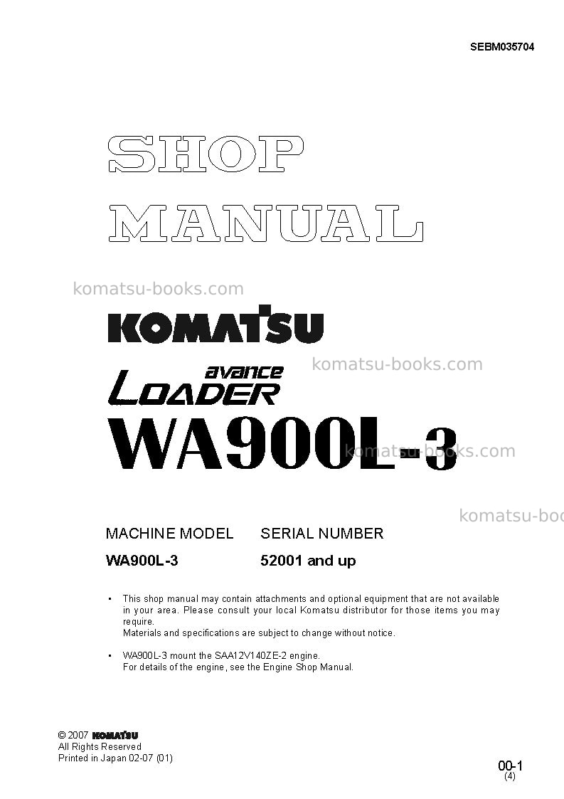 Komatsu wa900l-3jpn Repair & maintenance cover