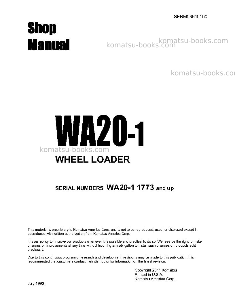 Komatsu wa20-1jpn Repair & maintenance cover