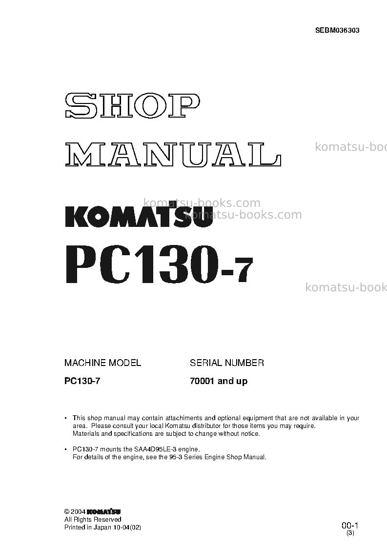 Komatsu pc130-7gbr-k Repair & maintenance cover Komatsu pc130-7gbr-k Repair & maintenance cover