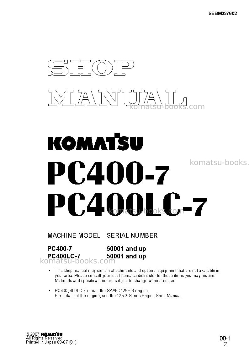Komatsu pc400lc-7jpn--50c degree for cis Repair & maintenance cover