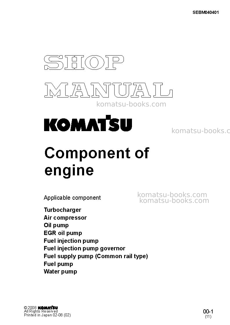 Komatsu engine compjpn-nents Repair & maintenance cover