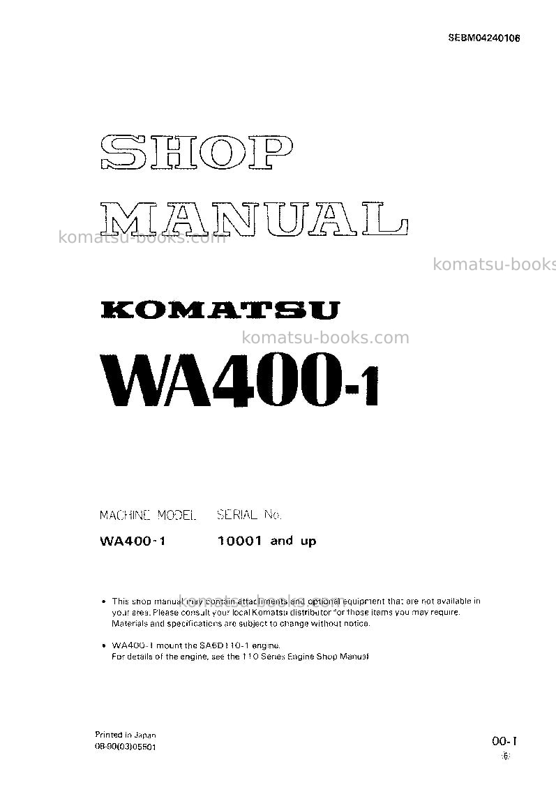 Komatsu wa400-1jpn Repair & maintenance cover