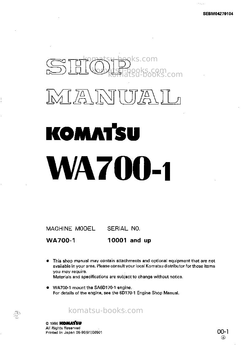 Komatsu wa700-1jpn--50c degree Repair & maintenance cover