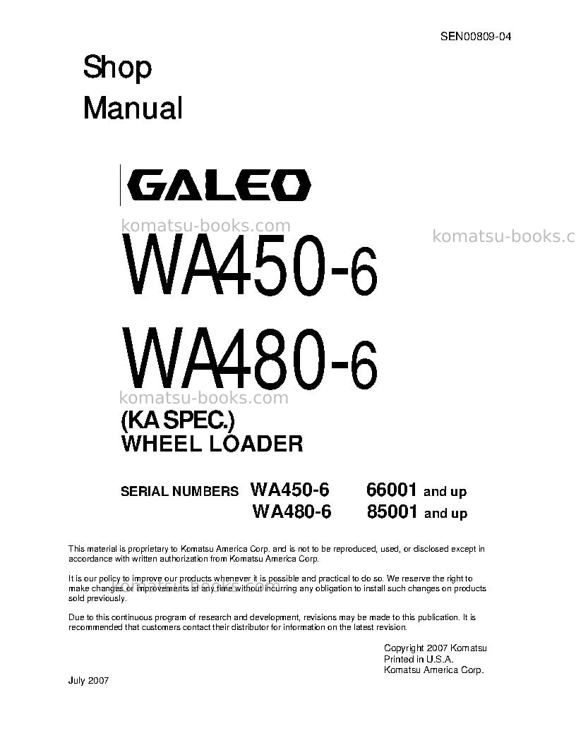 Komatsu wa480-6jpn Repair & maintenance cover