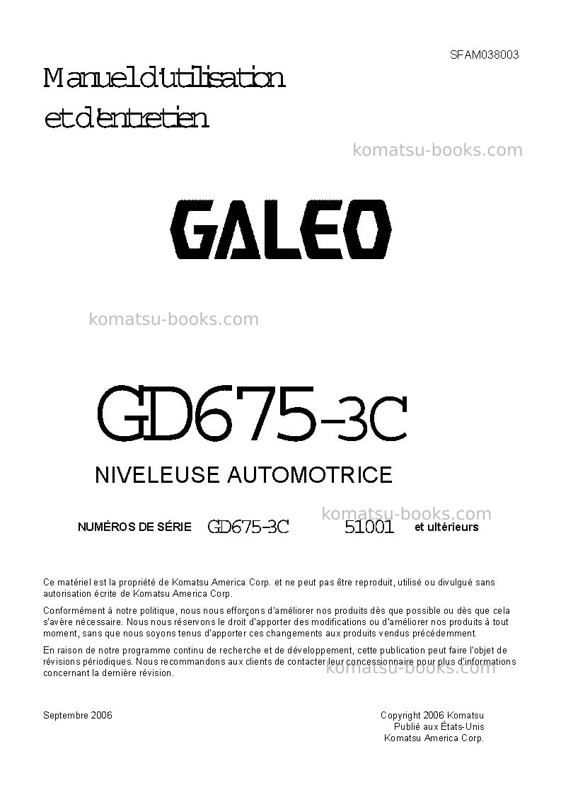 Komatsu gd675-3jpn Manuel d'utilisation couverture Komatsu gd675-3jpn Manuel d'utilisation couverture