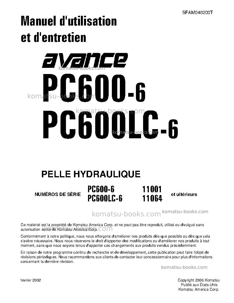 Komatsu pc600-6jpn Manuel d'utilisation couverture Komatsu pc600-6jpn Manuel d'utilisation couverture