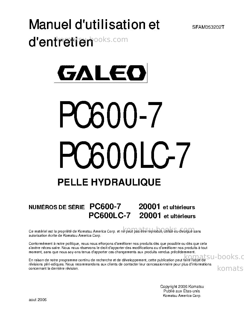 Komatsu pc600-7jpn Manuel d'utilisation couverture Komatsu pc600-7jpn Manuel d'utilisation couverture