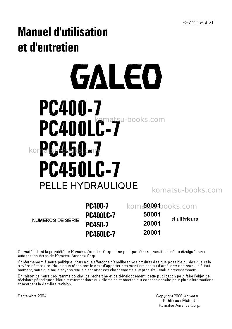 Komatsu pc400-7jpn Manuel d'utilisation couverture Komatsu pc400-7jpn Manuel d'utilisation couverture