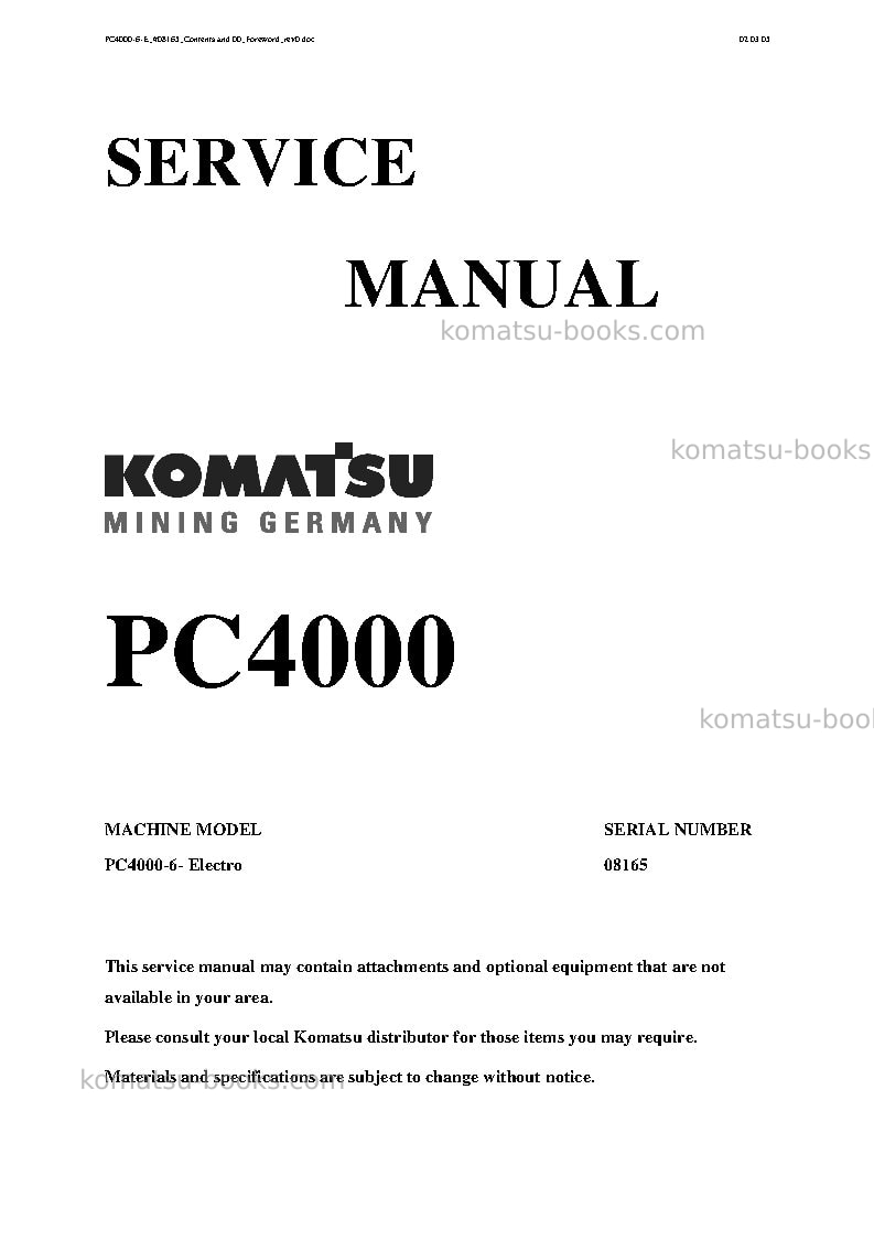 Komatsu pc4000-6deu-electric motor Repair & maintenance cover Komatsu pc4000-6deu-electric motor Repair & maintenance cover