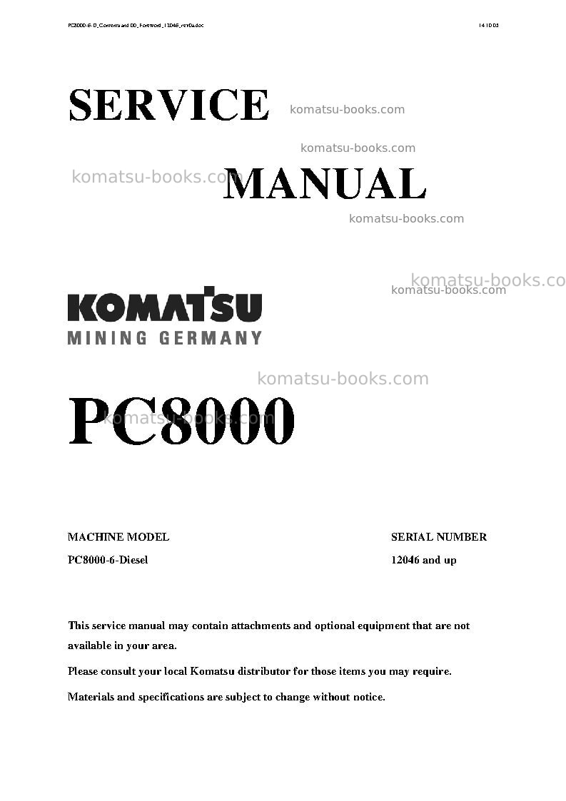 Komatsu pc8000-6deu-electric motor Repair & maintenance cover Komatsu pc8000-6deu-electric motor Repair & maintenance cover