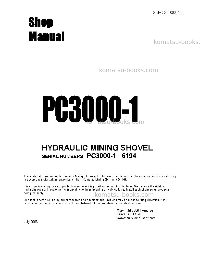 Komatsu pc3000-1deu Repair & maintenance cover Komatsu pc3000-1deu Repair & maintenance cover