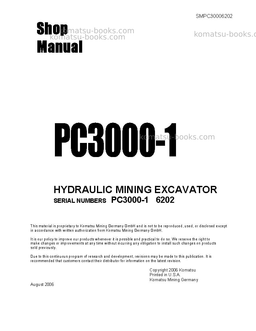 Komatsu pc3000-1deu-aqua digger Repair & maintenance cover Komatsu pc3000-1deu-aqua digger Repair & maintenance cover