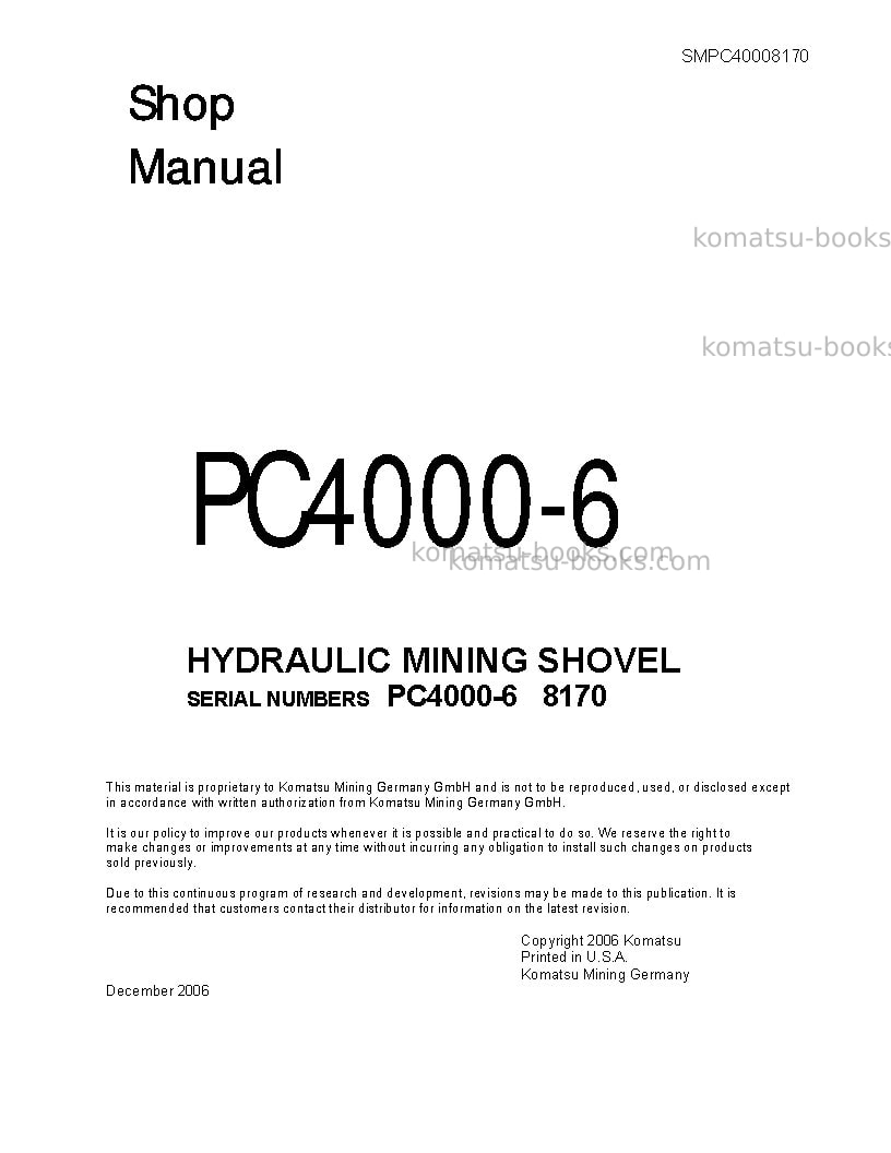 Komatsu pc4000-6deu Repair & maintenance cover