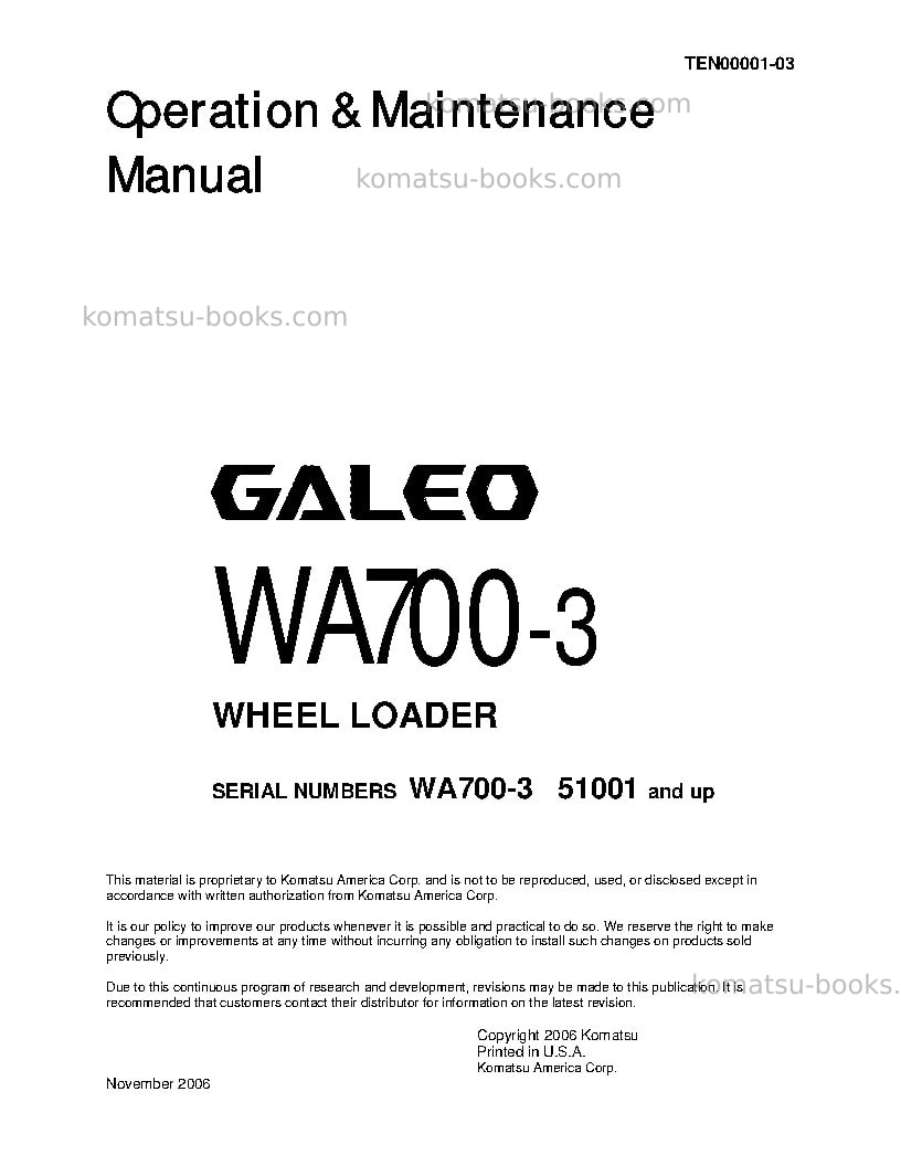 Komatsu wa700-3jpn Operation manual cover