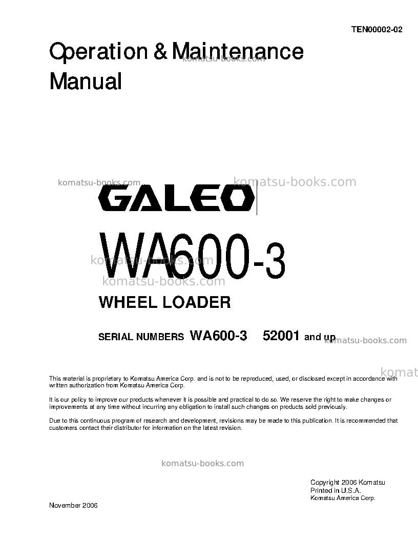 Komatsu wa600-3jpn Operation manual cover