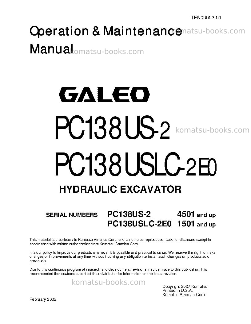 Komatsu pc138uslc-2jpn Operation manual cover Komatsu pc138uslc-2jpn Operation manual cover