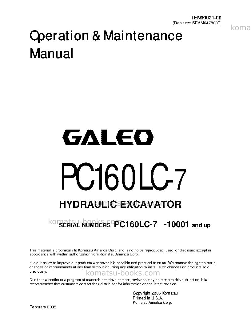Komatsu pc160lc-7jpn Operation manual cover Komatsu pc160lc-7jpn Operation manual cover